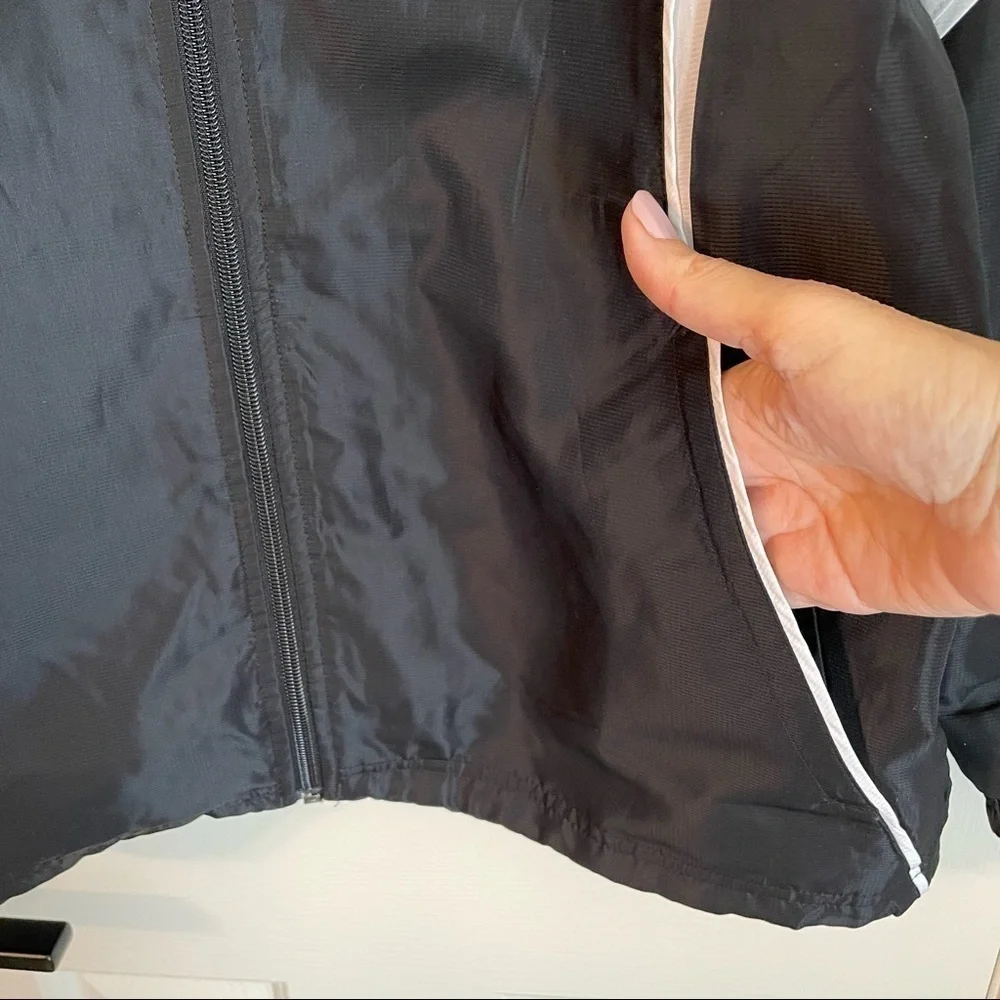 adidas Black and White 3 Stripes Windbreaker Track Jacket with Hidden Hood. S